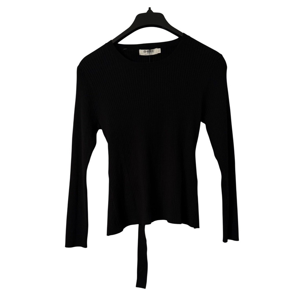 NWT 4TH & Reckless Petite Womens Long Sleeve Belted Black Top Blouse Size 10